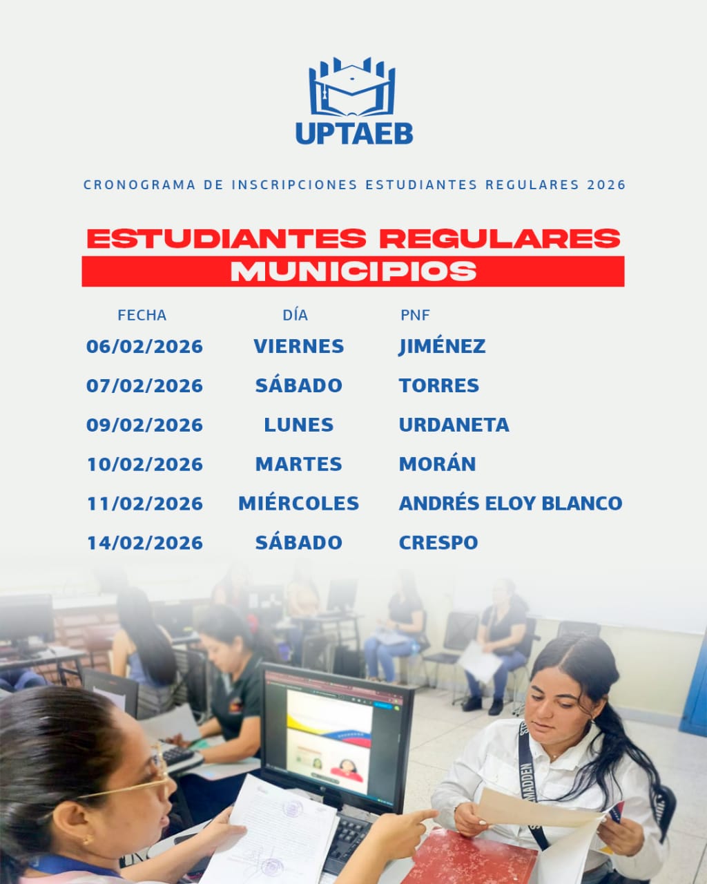 Cronograma de inscripciones estudiantes regulares 2026 - Municipios